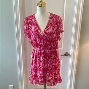 Aqua Pink and White Patterned V-Neck Dress